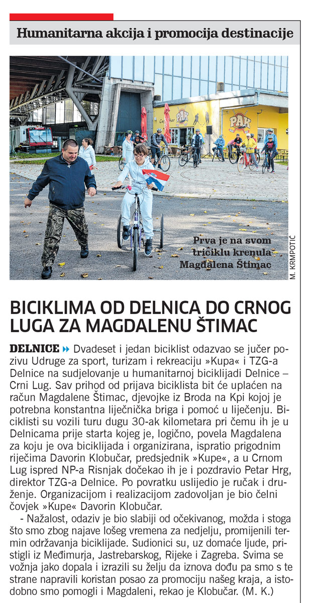 članak, novi list, humanitarna biciklijada za magdalenu štimac