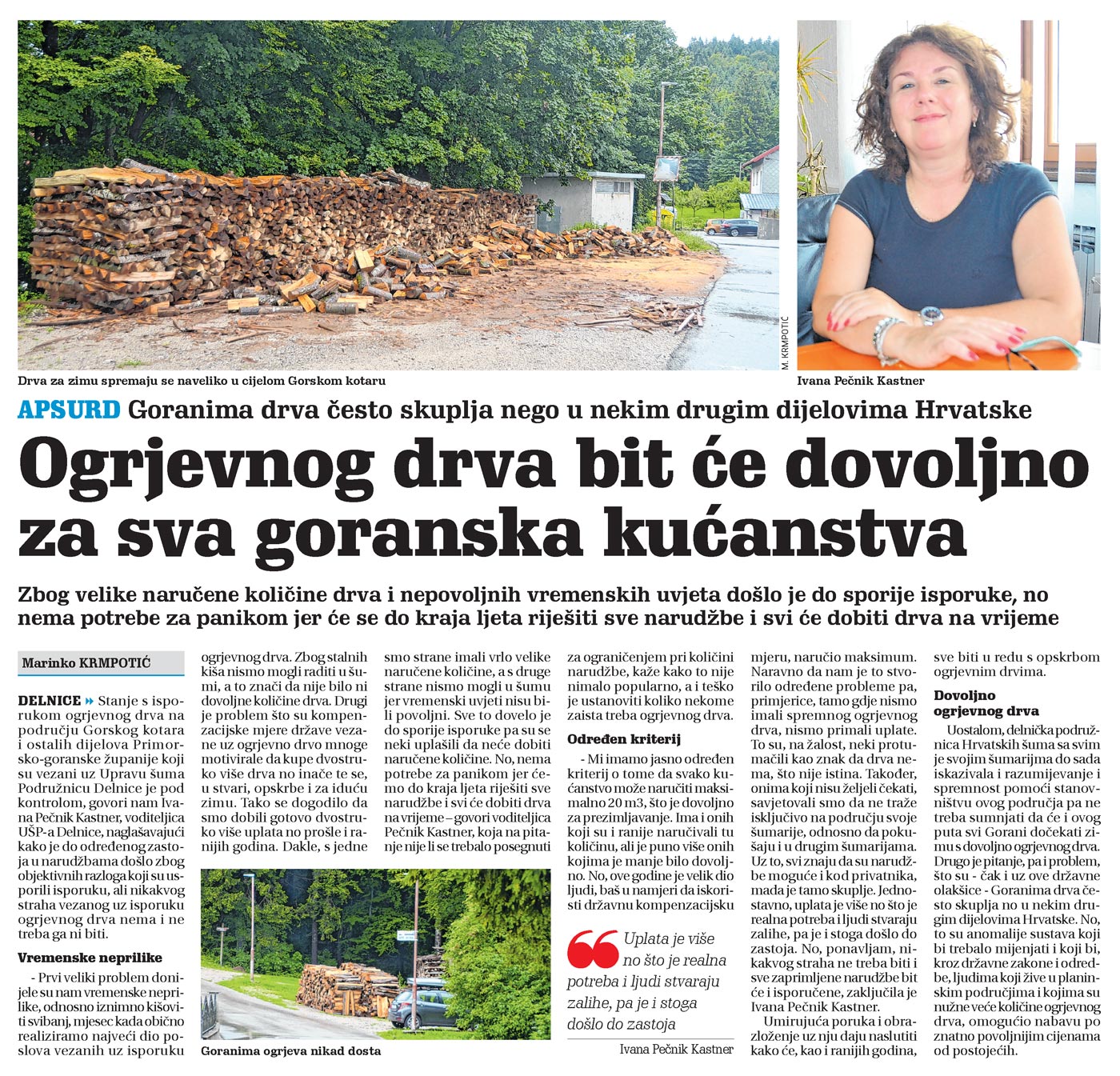 članak, novi list, ogrjevno drvo, hrvatske šume, grad delnice,delnice, ivana pečnik kastner