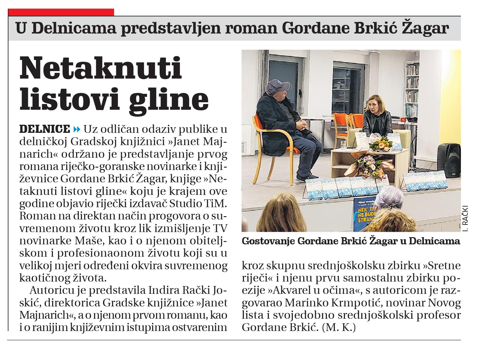 članak, novi list, predstavljen roman Gordane Brkić Žagar, gradska knjižnica janet majnarich, delnice
