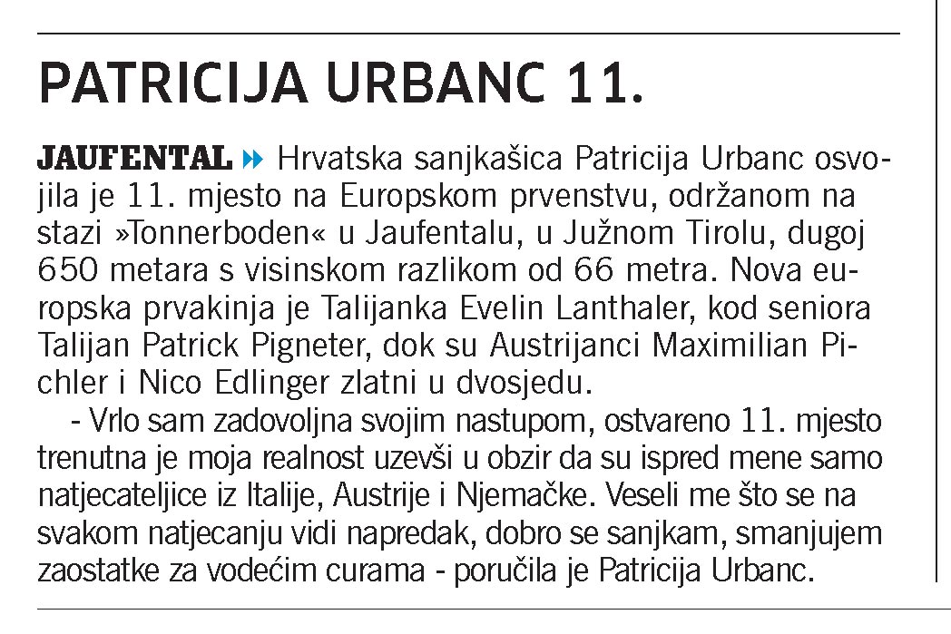 članak, novi list, particija urbanc 11. na europskom prvenstvu u Jaufentalu