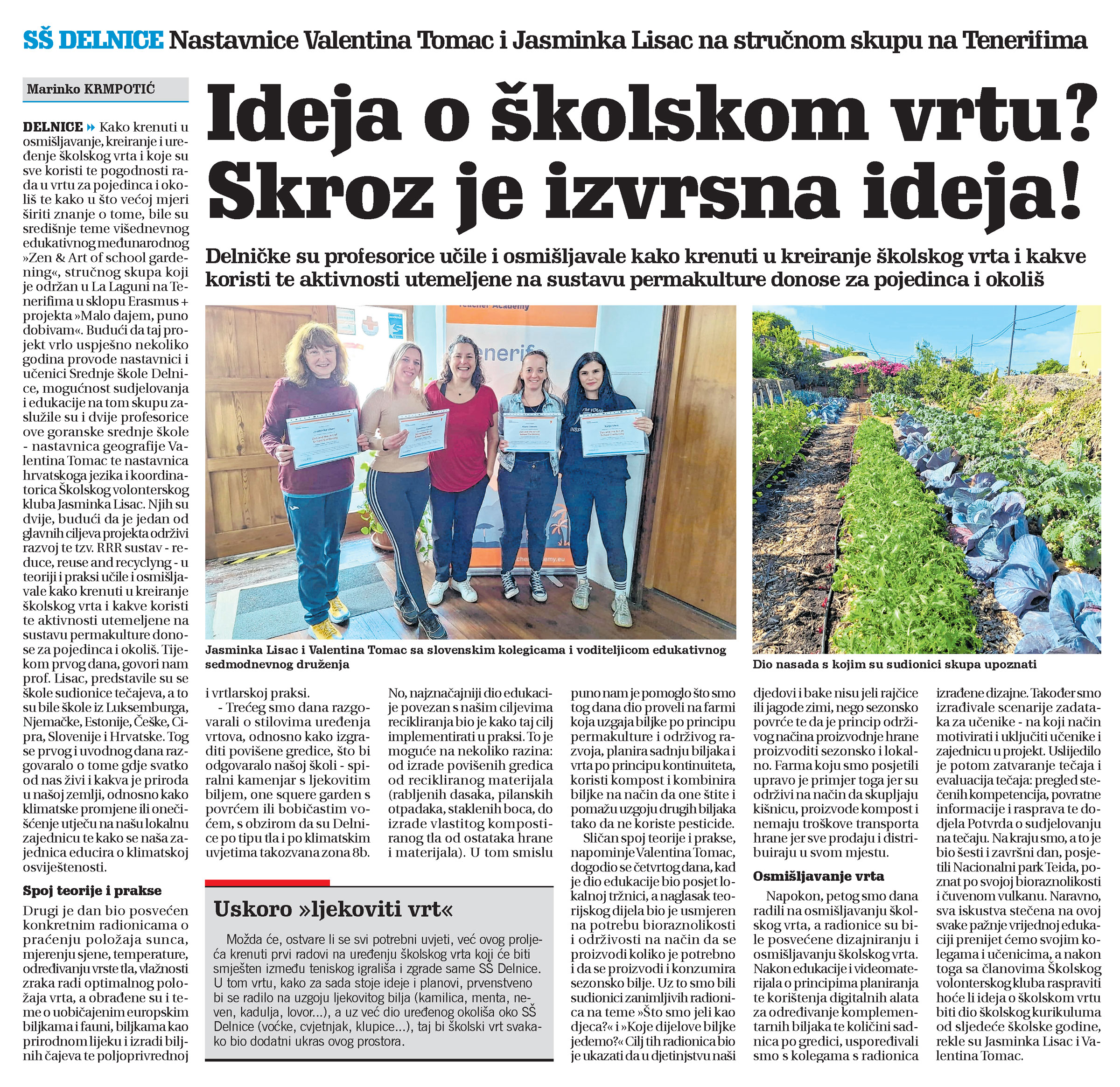 SŠ Delnice: Nastavnice Valentina Tomac i Jasminka Lisac na stručnom skupu na Tenerifima, članak, novi list