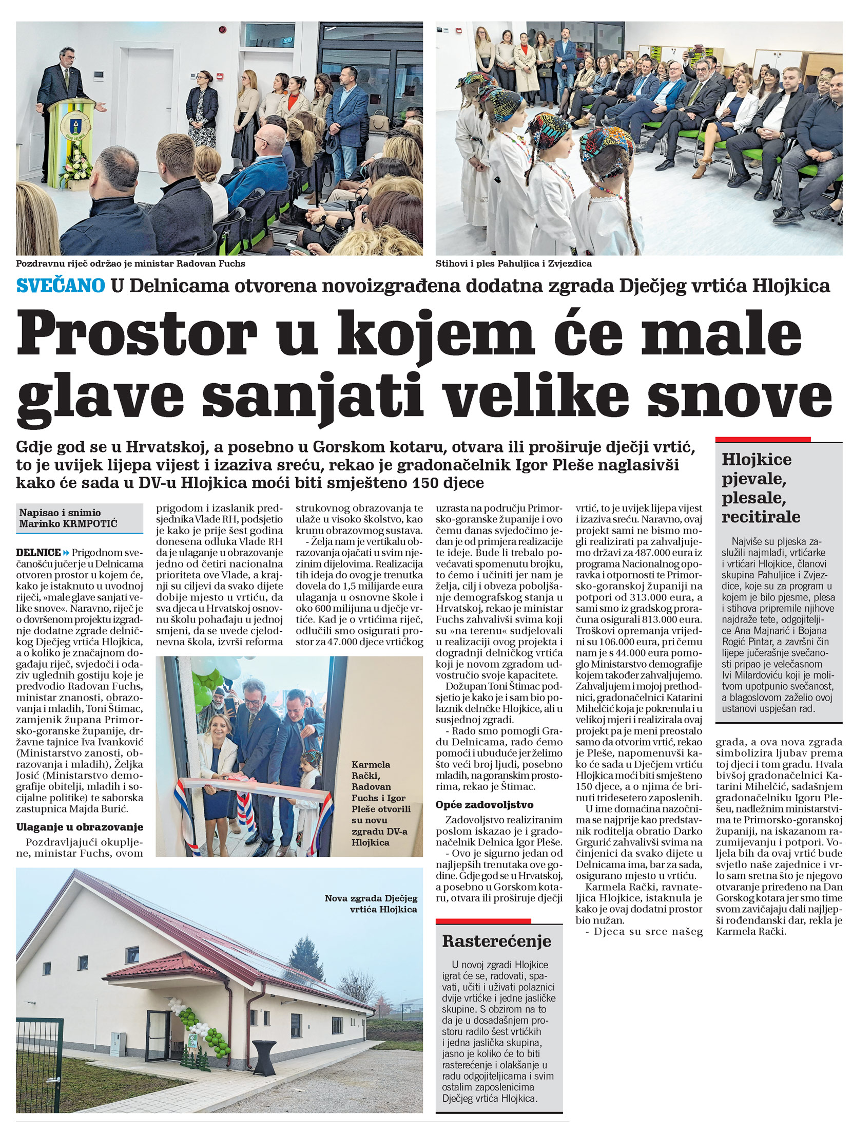 U Delnicama otvorena novoizgrađena dodatna zgrada Dječjeg vrtića Hlojkica, članak, novi list