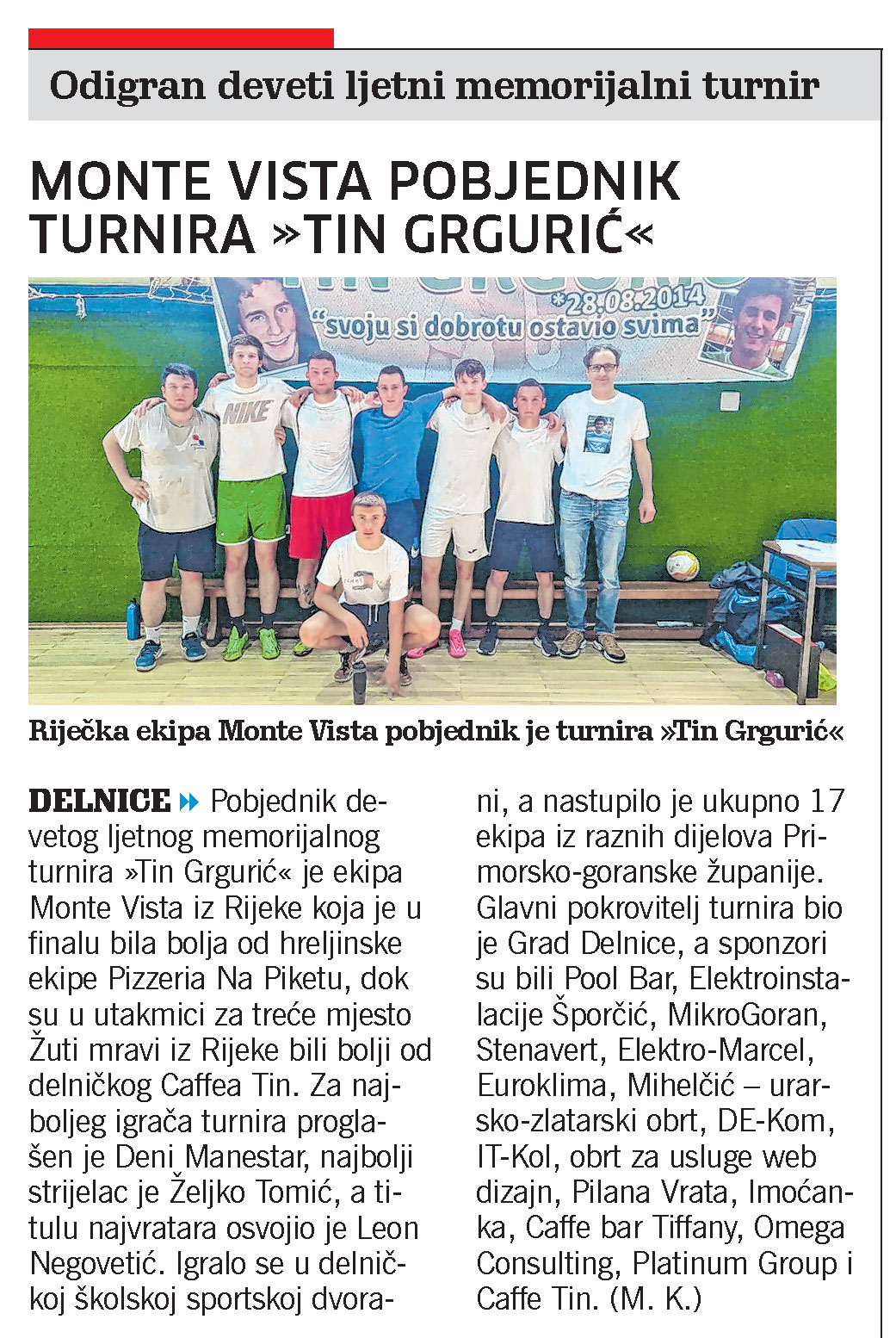 članak, novi list, Turnir tin Grgurić, Monte Vista pobjednik turnira Tin Grgurić