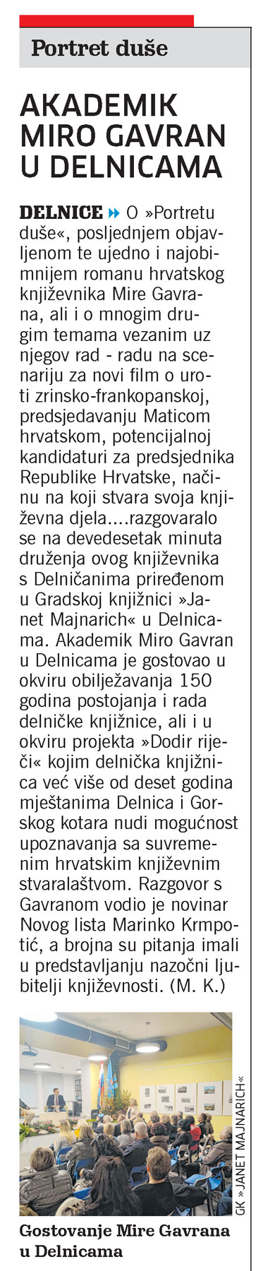 Akademik Miro Gavran u Delnicama, članak, novi list, Miro Gavran, Portret duše, Knjižnica Delnice