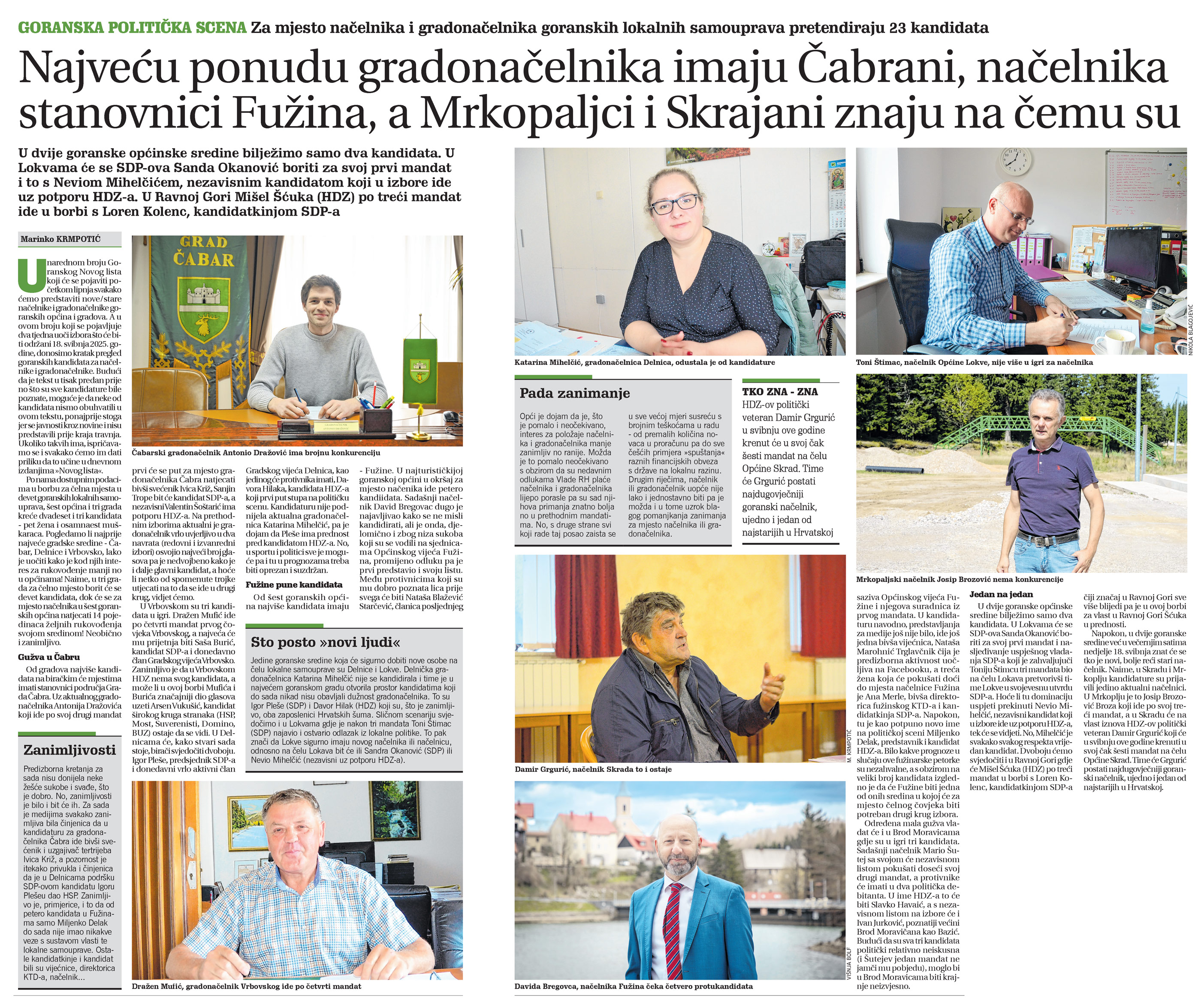 Goranska politička scena: ze mjesto načelnika i gradonačelnika goranskih lokalnih samouprava pretendiraju 23 kandidata, članak, novi list