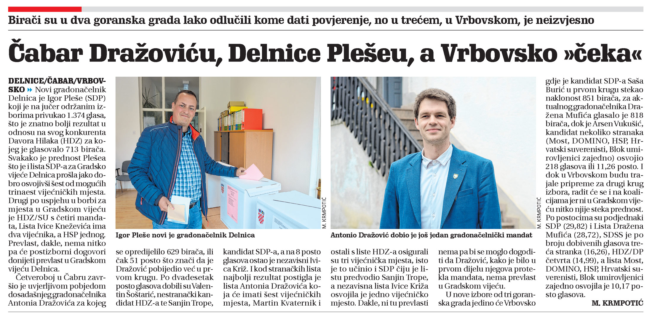 Čabar Dražoviću, Delnice Plešeu, a Vrbovsko "čeka", članak, novi list