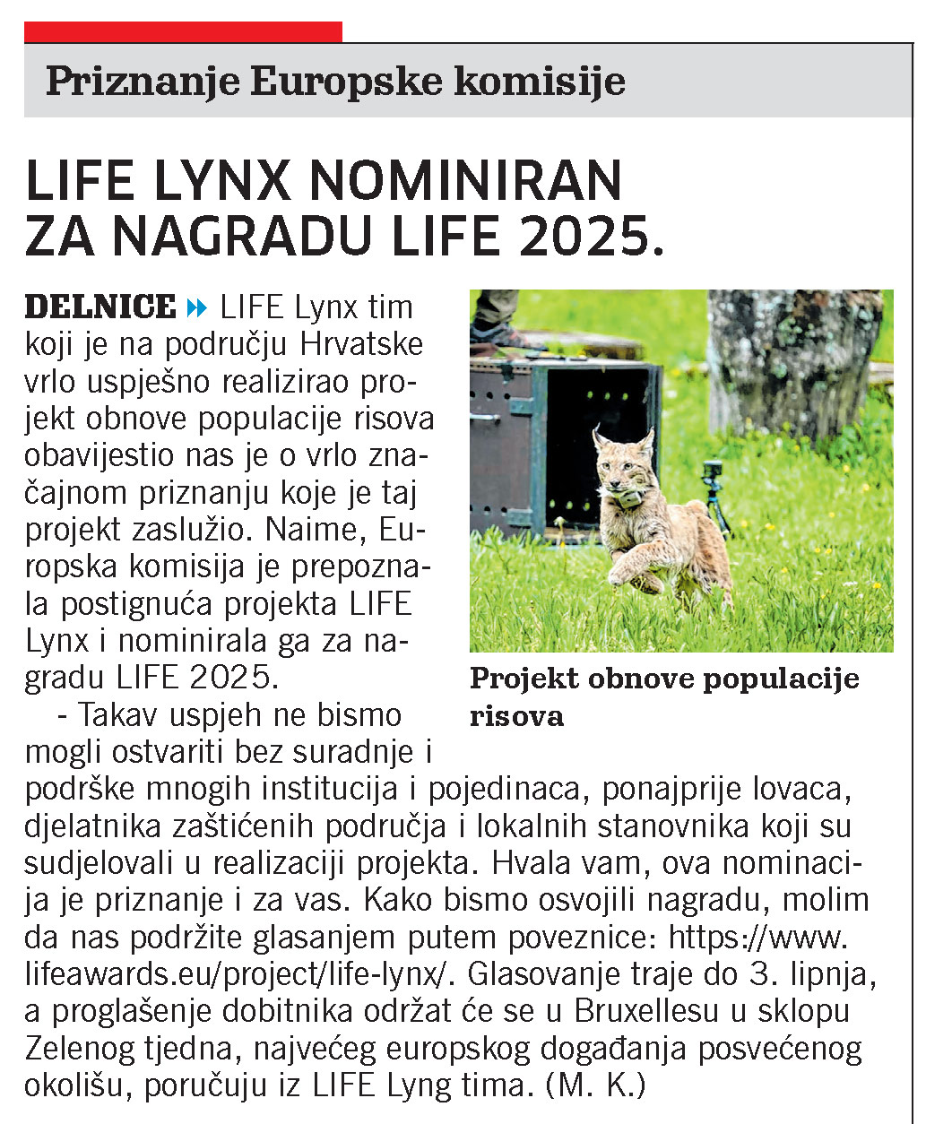 Life Lynx nominiran za nagradu LIFE 2025., članak, novi list
