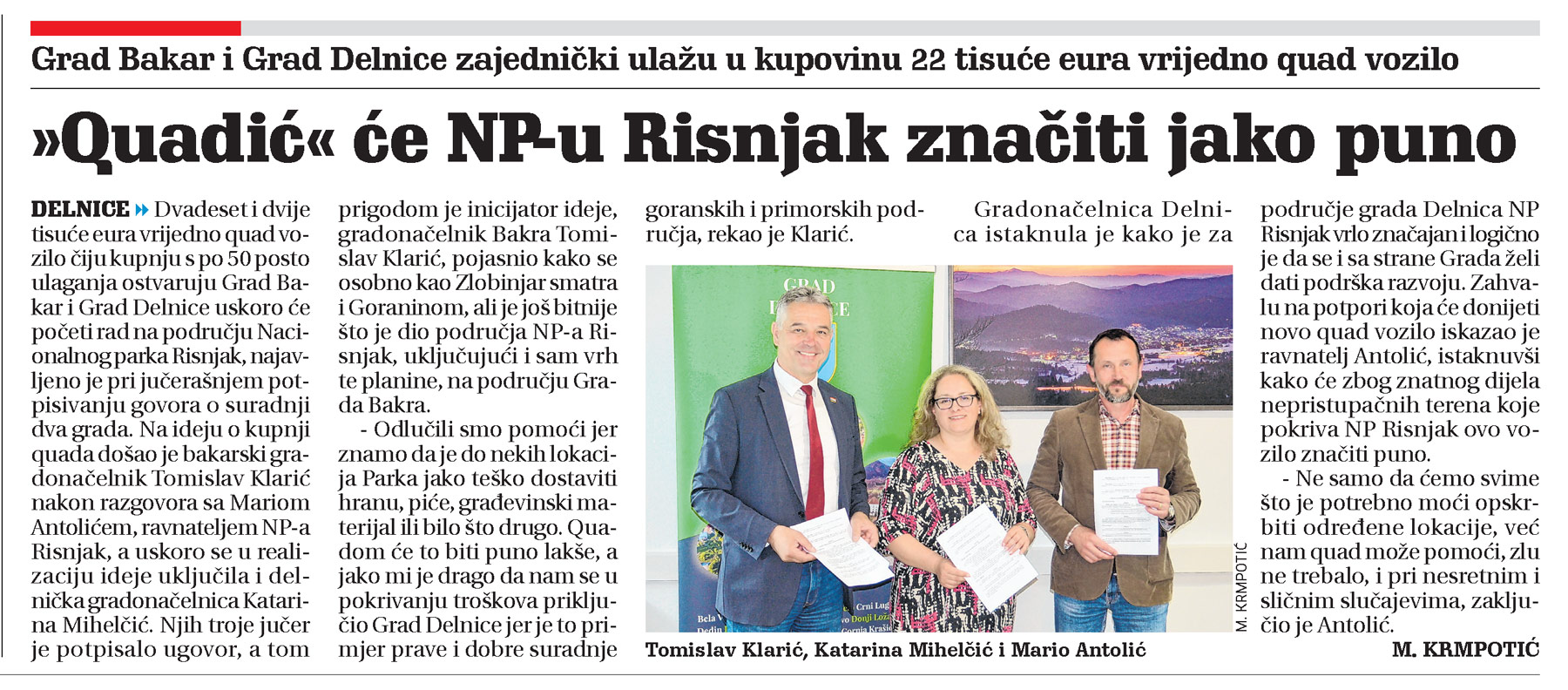 NP Risnjak: Grad Bakar i Grad Delnice zajednički ulažu u kupovinu 22 tisuće eura vrijedno quad vozilo, članak, novi list