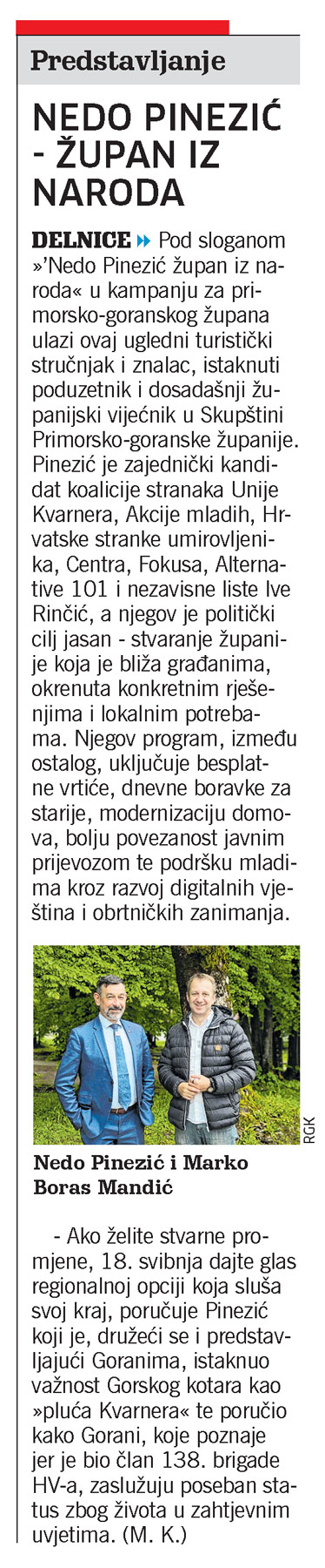 Nedo Pinezić predstavio se u Delnicama, članak, novi list