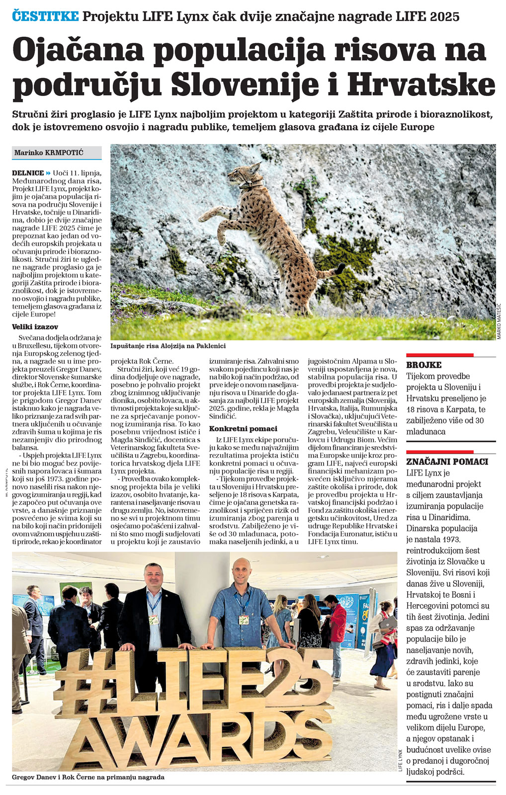 Projektu LIFE Lynx čak dvije značajne nagrade LIFE 2025, članak, novi list