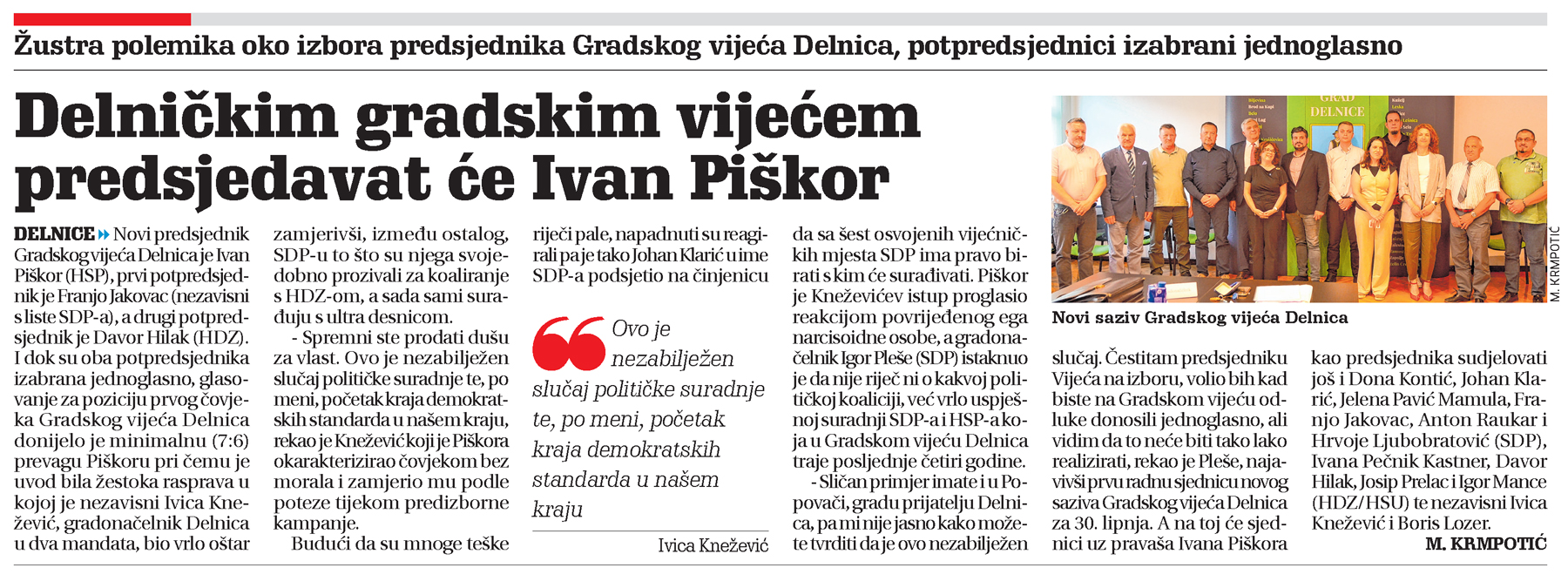 Delničkim gradskim vijećem predsjedavat će Ivan Piškor, članak, novi list
