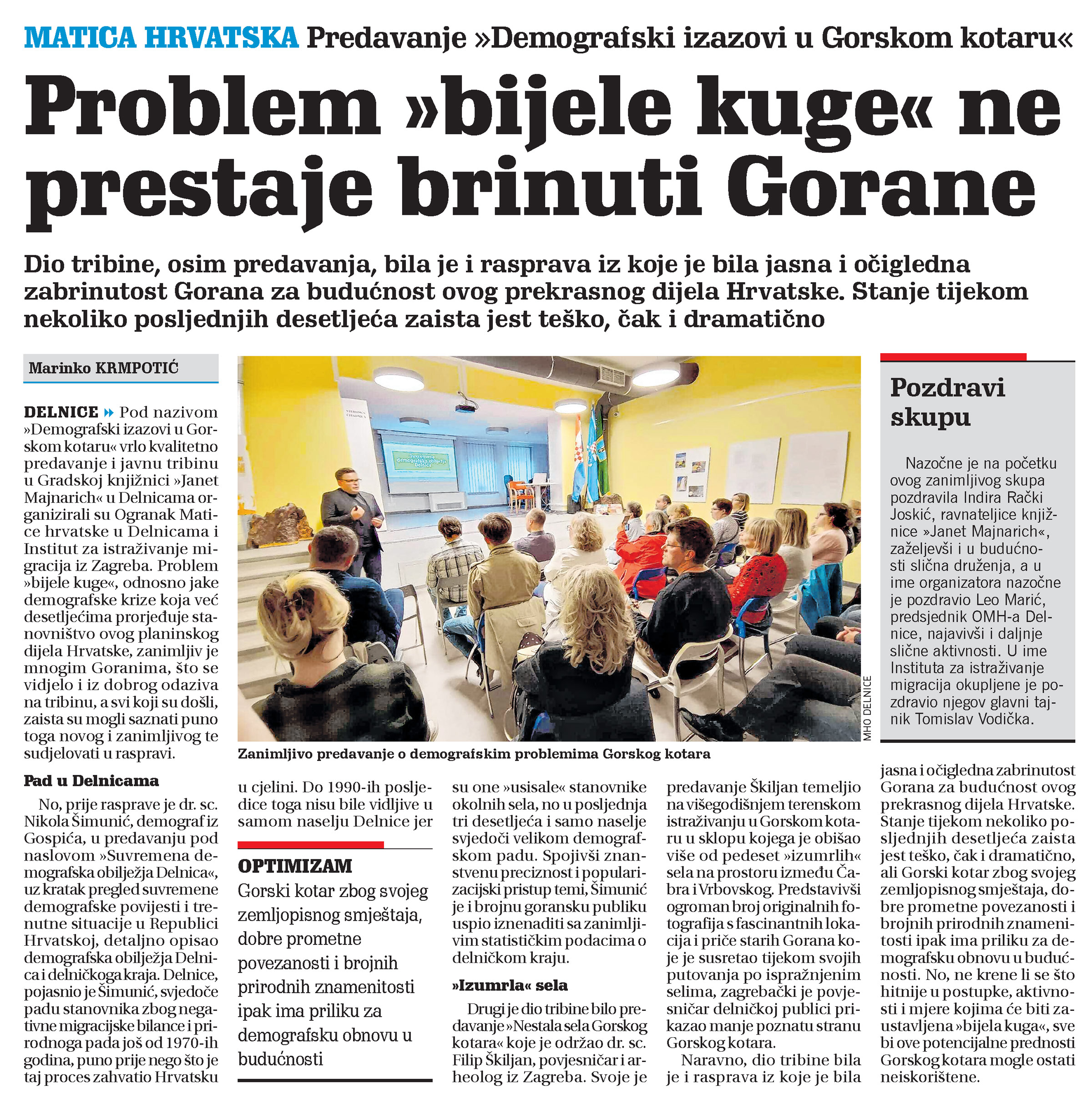 Predavanje "Demografski izazovi u Gorskom kotaru", članak, novi list