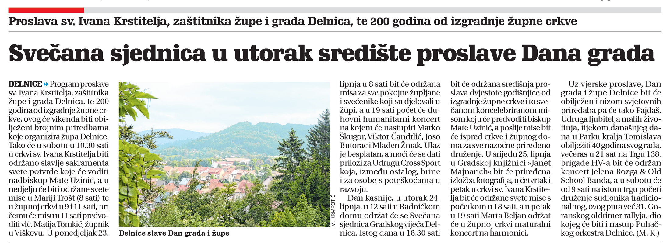 Proslava sv. Ivana Krstitelja, zaštitnika župe i grada Delnica, te 200 godina od izgradnje župne crkve, članak, novi list