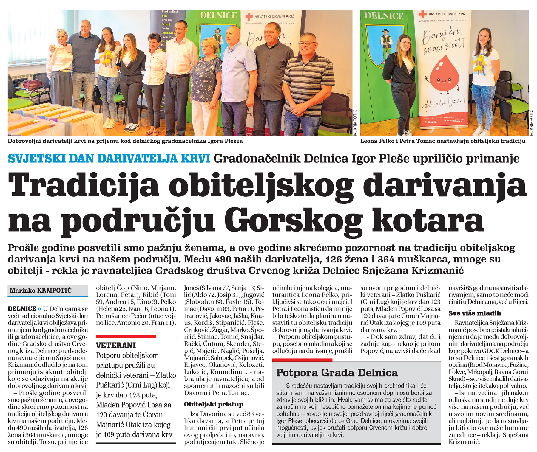 Svjetski dan darivatelja krvi: Gradonačelnik Delnica Igor Pleše upriličio primanje, članak, novi list