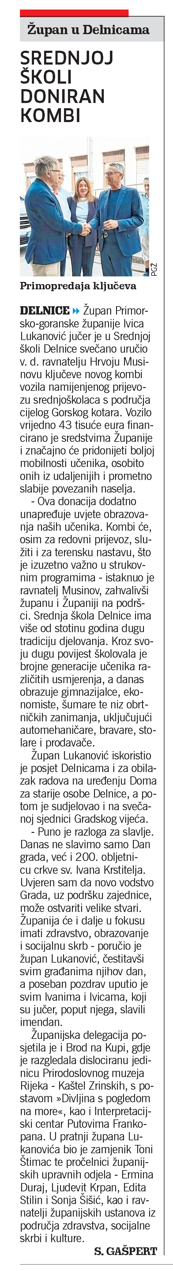 Župan u Delnicama: Srednjoj školi doniran kombi, članak, novi list