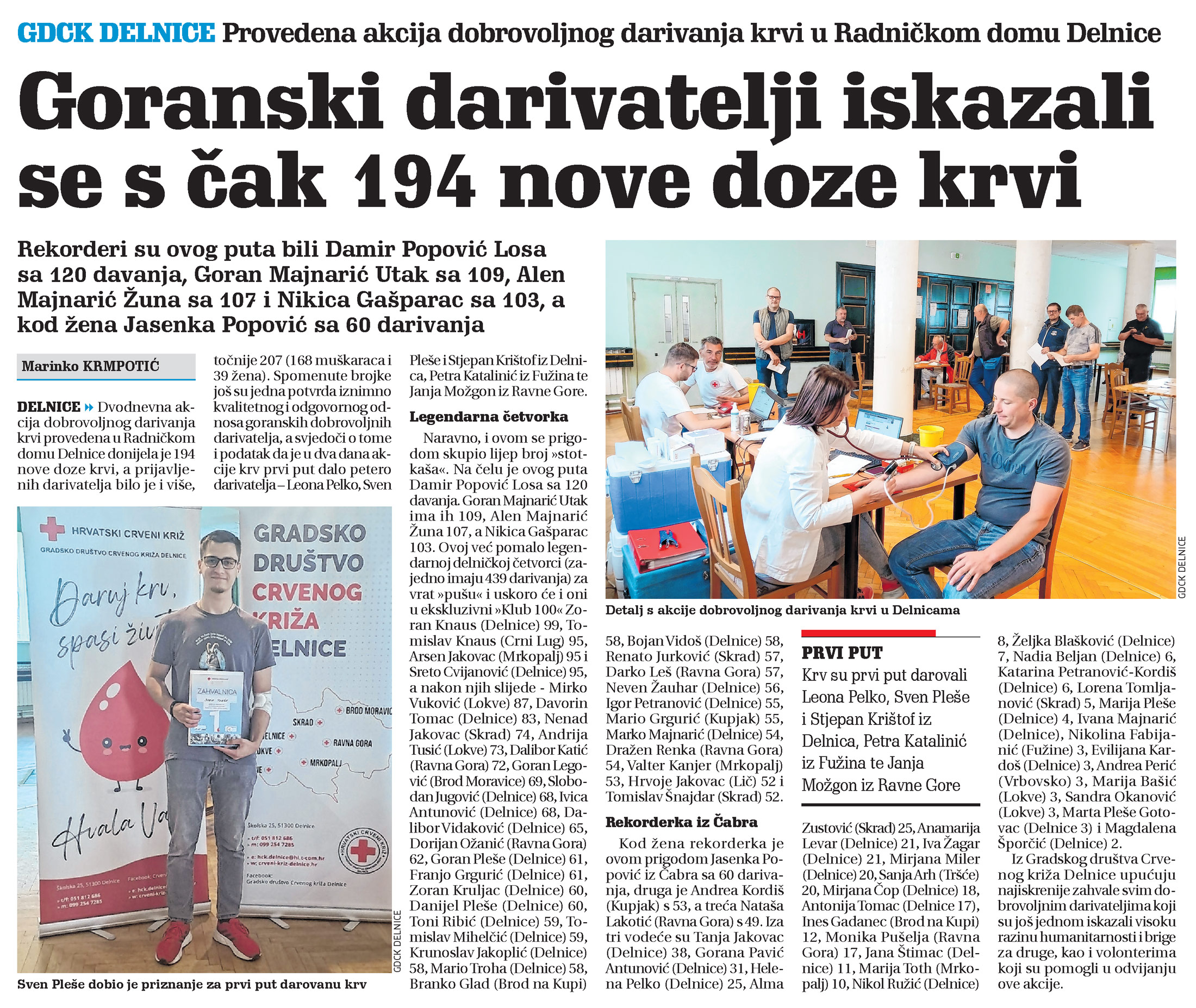 Provedena akcija dobrovoljnog darivanja krvi u Radničkom domu Delnice, članak, novi list