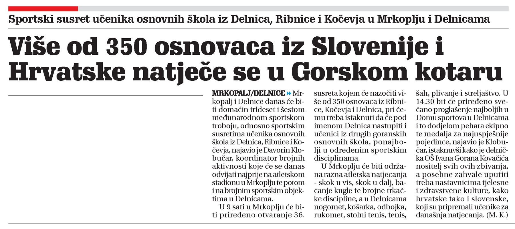 Sportski susret učenika osnovnih škola iz Delnica, Ribnice i Kočevja u Mrkoplju i Delnicama, članak, novi list
