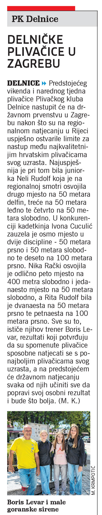 Delničke plivačice u Zagrebu, članak, novi list
