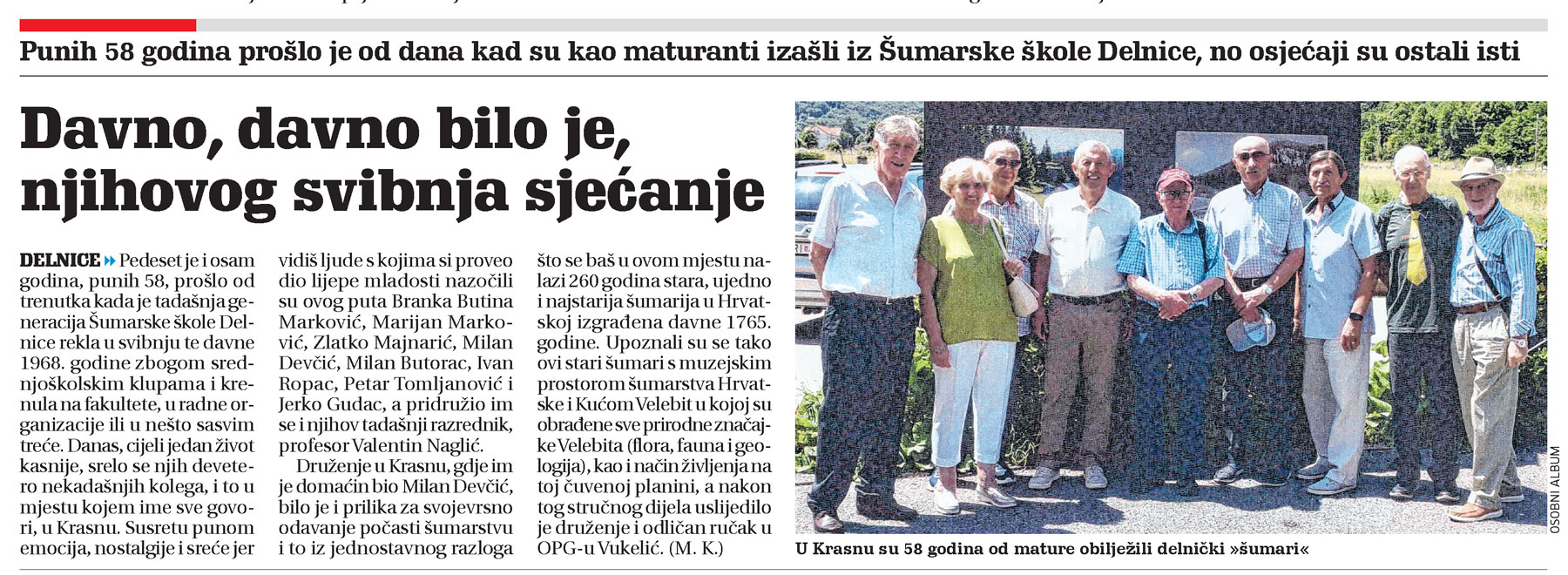 Punih 58 godina prošlo je od dana kad su kao maturanti izašli iz Šumarske škole Delnice, članak, novi list