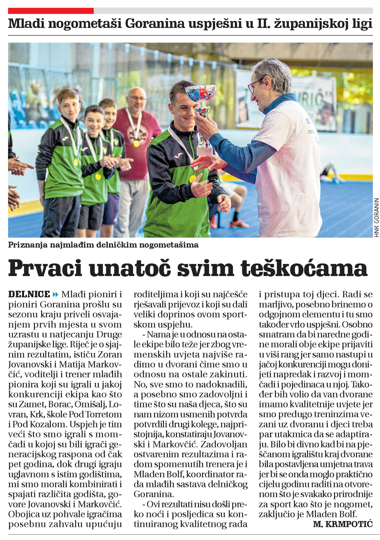 Mladi nogometaši Goranina uspješni u II. županijskoj ligi, članak, novi list