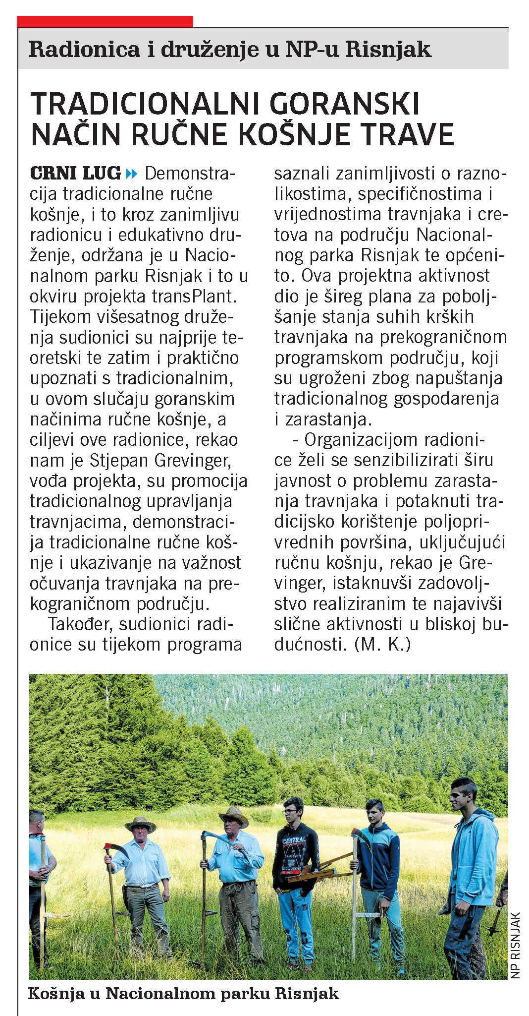 Projekt transPlant: Tradicionalni goranski način ručne košnje trave, članak, novi list