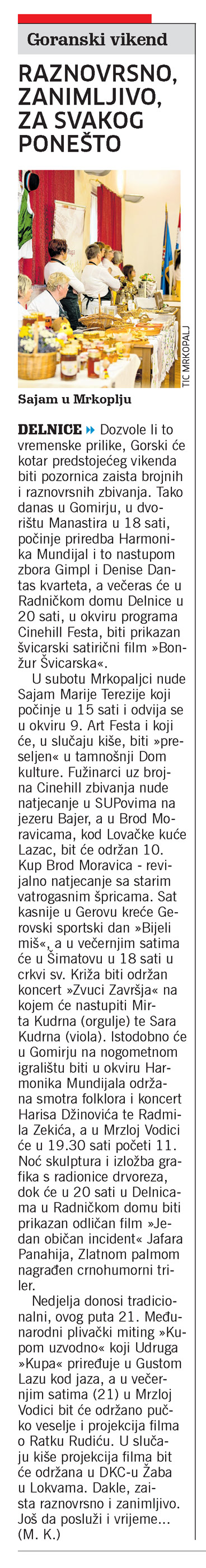 Goranski vikend: Raznovrsno, zanimljivo, za svakog ponešto, članak, novi list