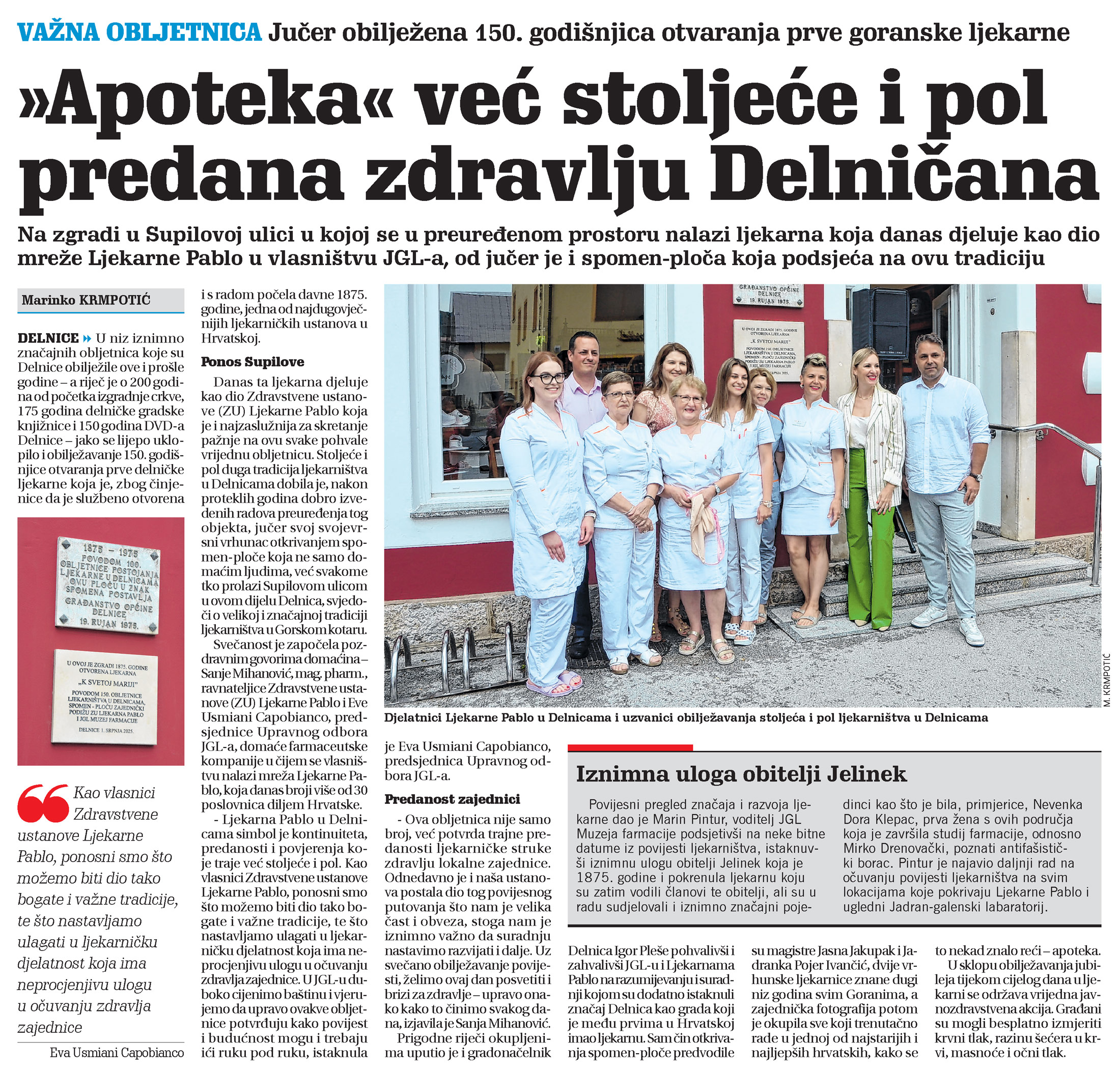 Obilježena 150. godišnjica otvaranja prve goranske ljekarne, članka, novi list, delnice