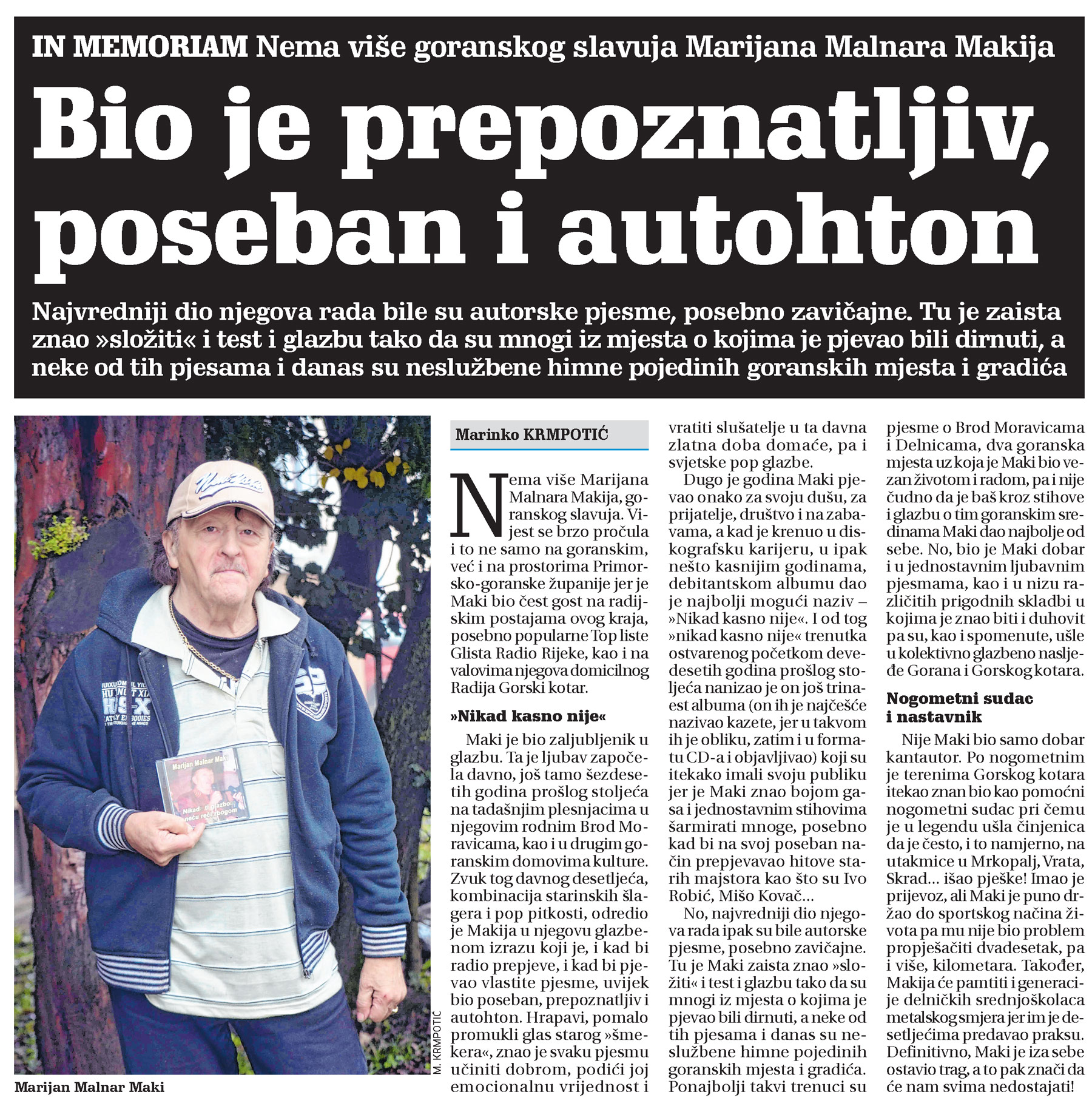 In memoriam: Nema više goranskog slavuja Marijana Malnara Makija, članak, novi list, marijan malnar maki