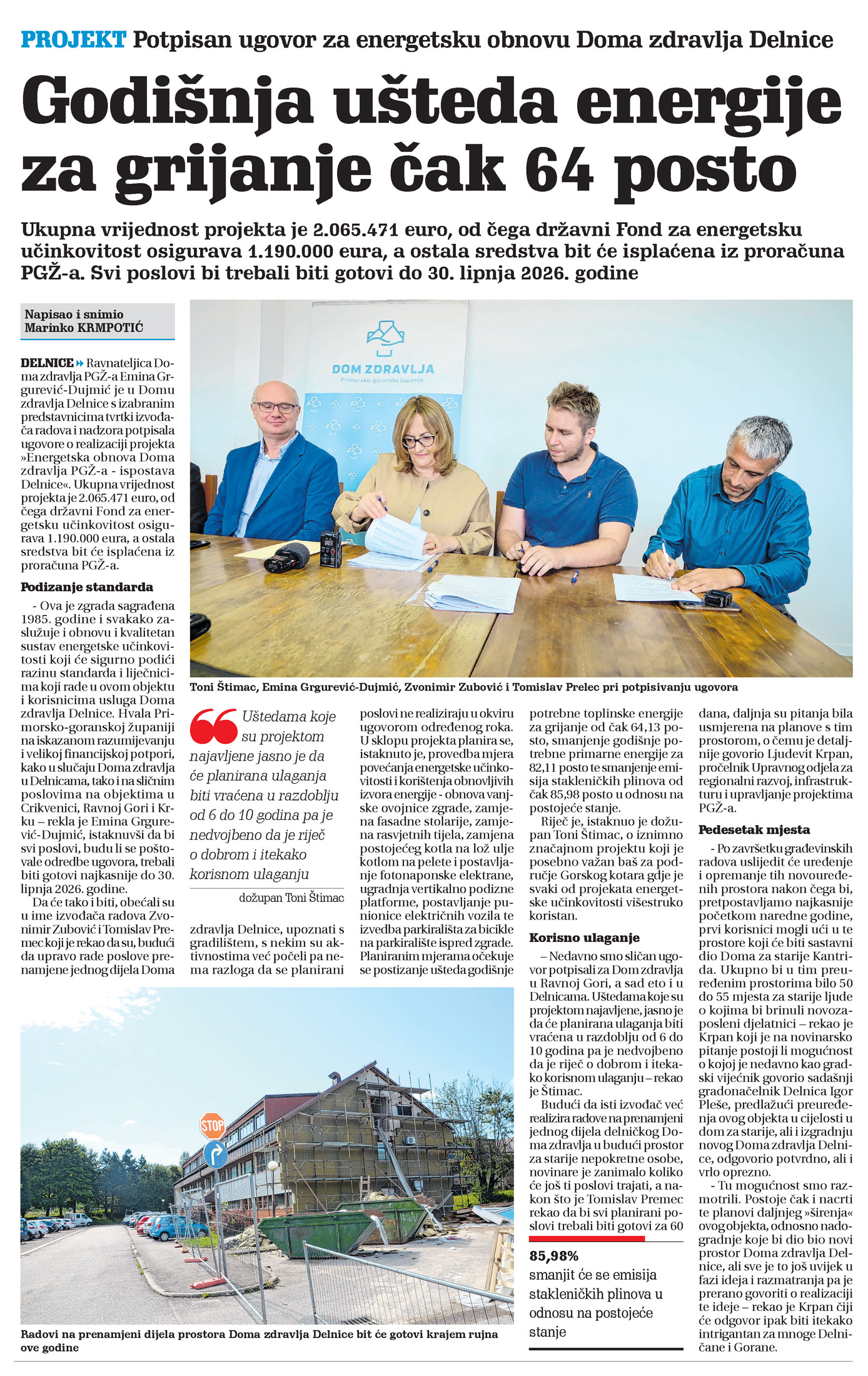 Potpisan ugovor za energetsku obnovu Doma zdravlja Delnice, članak, novi list