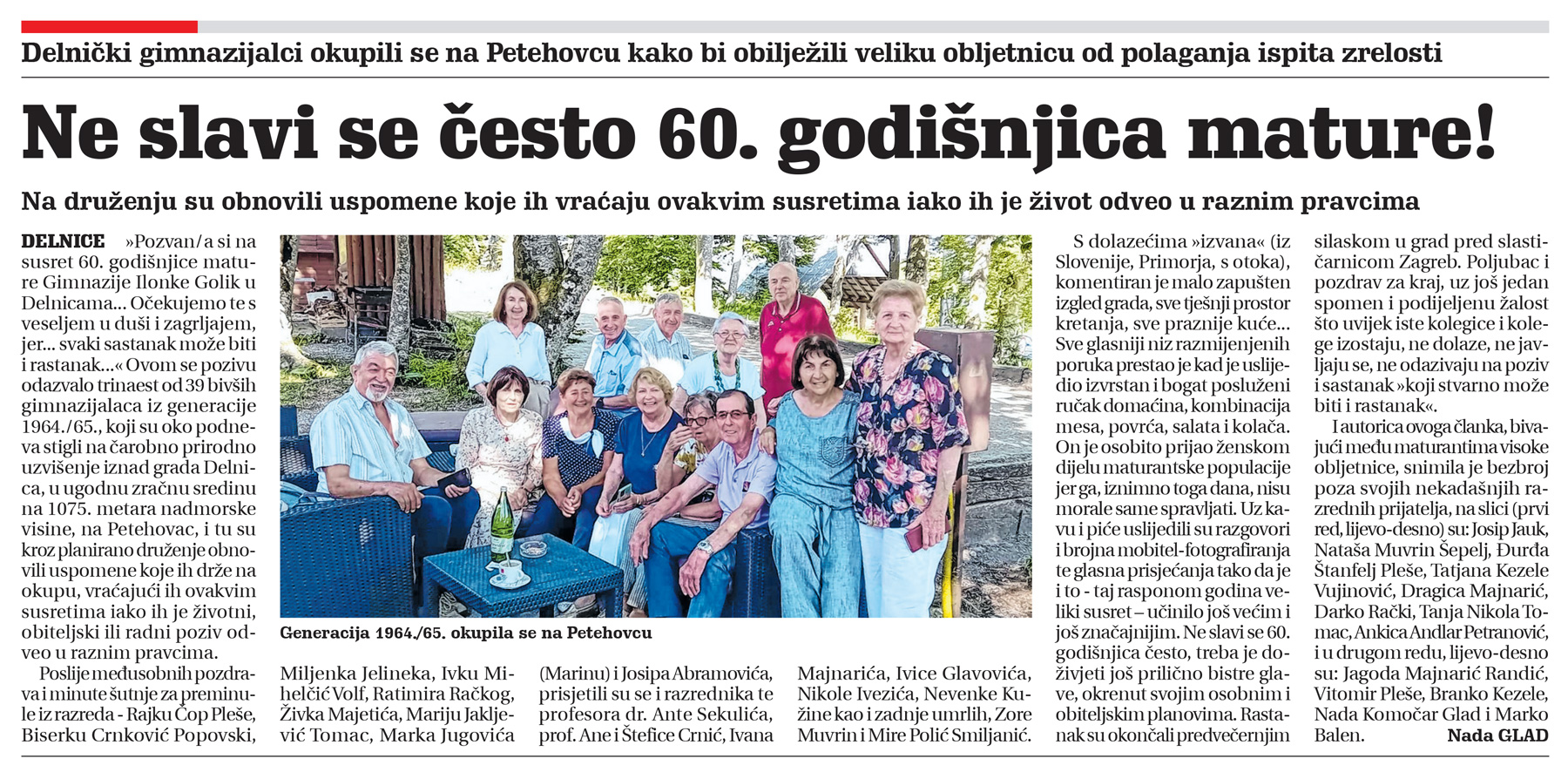 Delnički gimnazijalci okupili se na PEtehovcu kako bi obilježili veliku obljetnicu od polaganja ispita zrelosti, članak, novi list