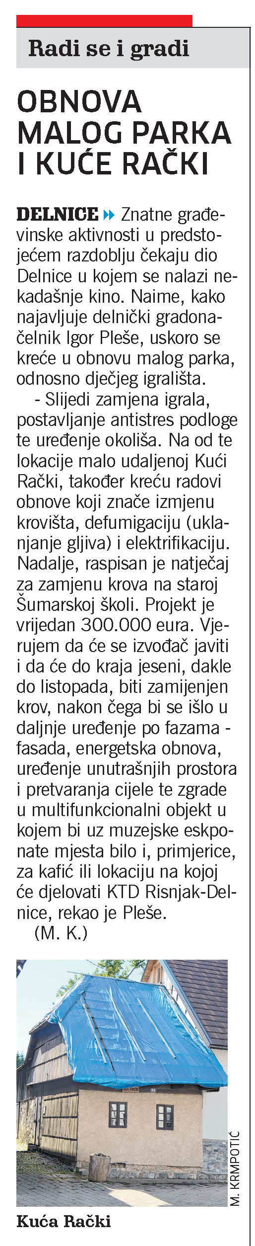Obnova malog parka i Kuće Rački, članak, novi list