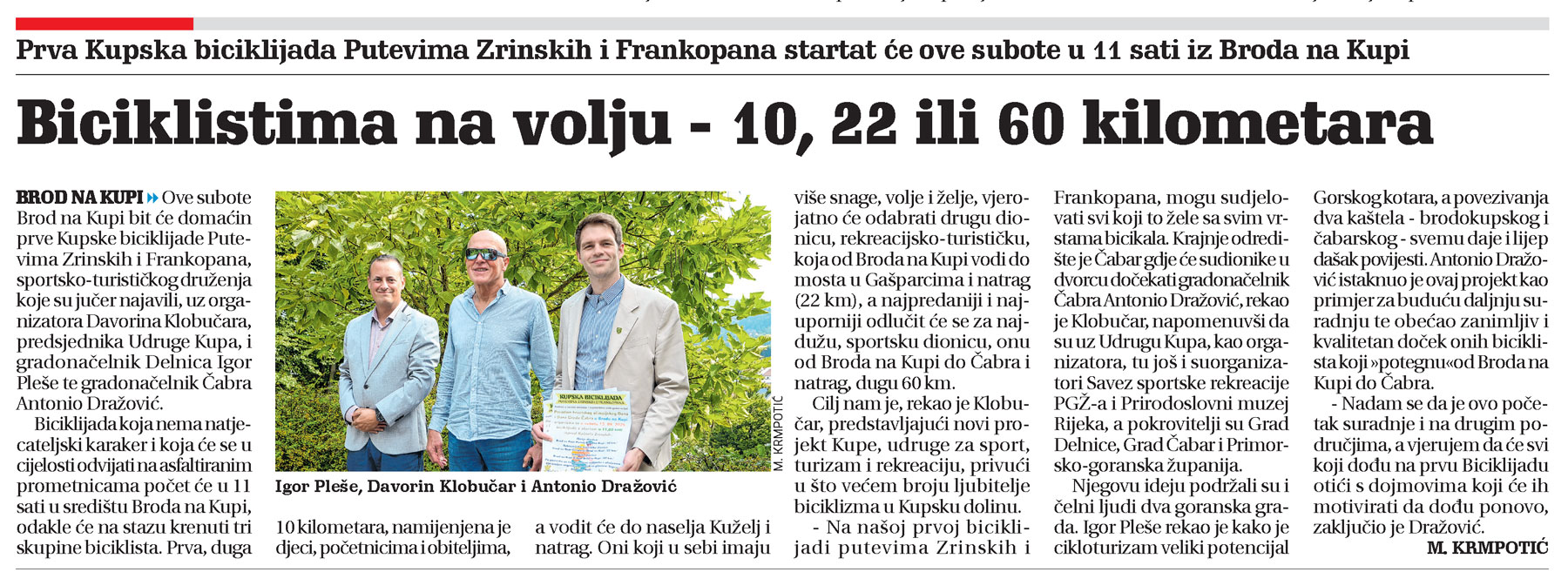 Prva Kupska biciklijada Putevima Zrinskih i Frankopana startat će ove subote u 11 sati iz Broda na Kupi, članak, novi list