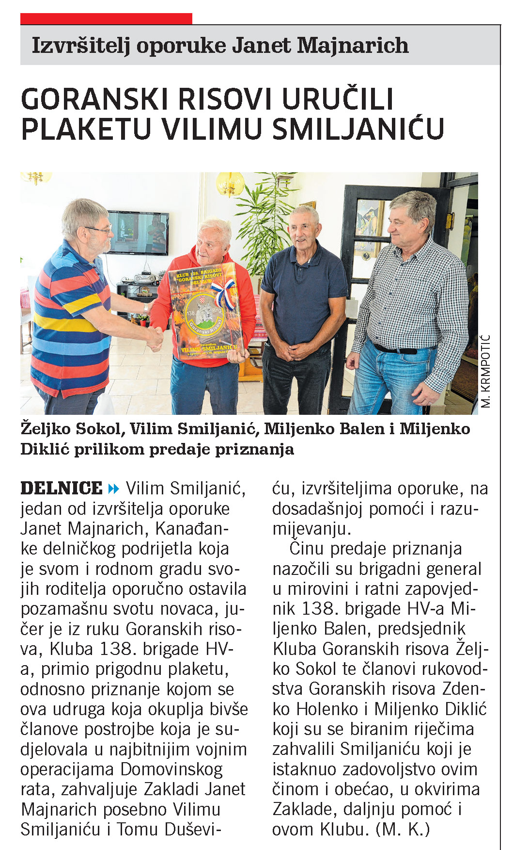 Goranski risovi uručili plaketu Vilimu Smiljaniću, članak, novi list