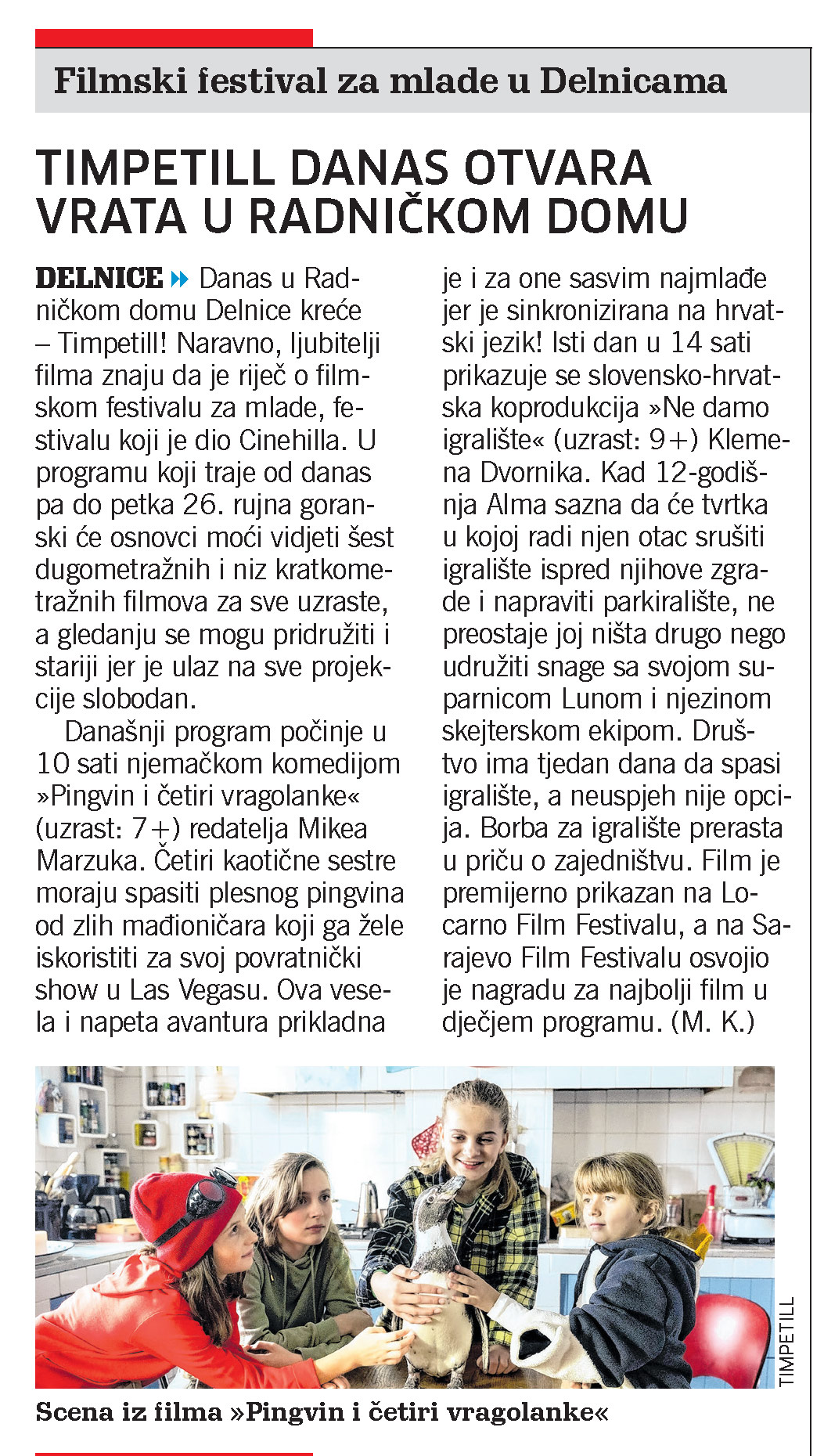 Timpetill danas otvara vrata u Radničkom domu, članak, novi list