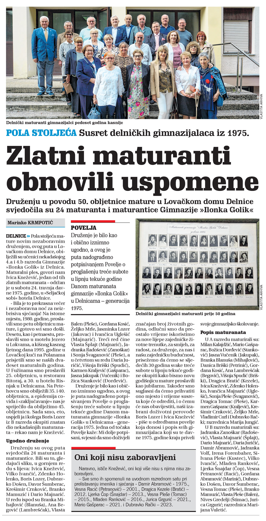 Pola stoljeća: Susret delničkih gimnazijalaca iz 1975., članak, novi list