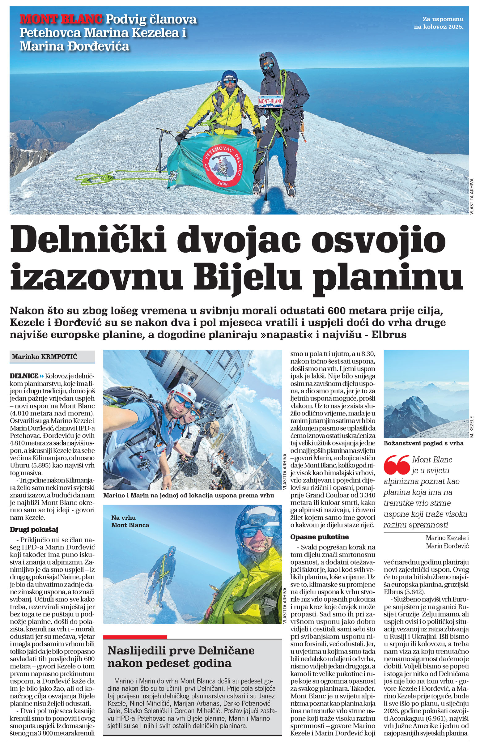Mont Blanc: Podvig članova Petehovca Marina Kezelea i Marina Đorđevića, članka, novi list