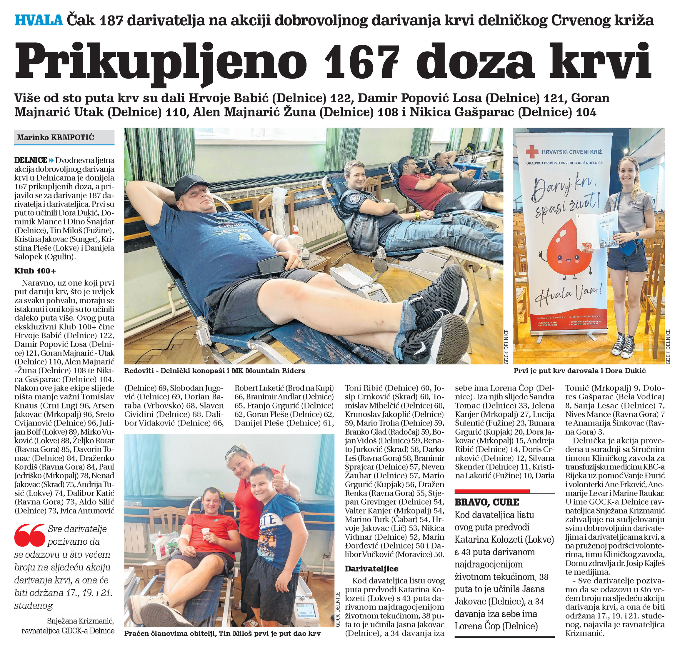 Čak 187 darivatelja na akciji dobrovoljnog darivanja krvi delničkog Crvenog križa, članak, novi list