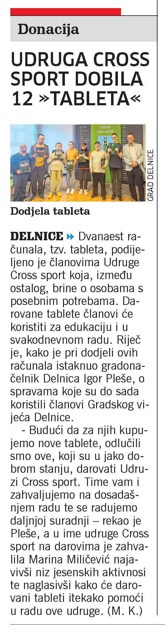 Udruga Cross sport dobila 12 "tableta", članak, novi list
