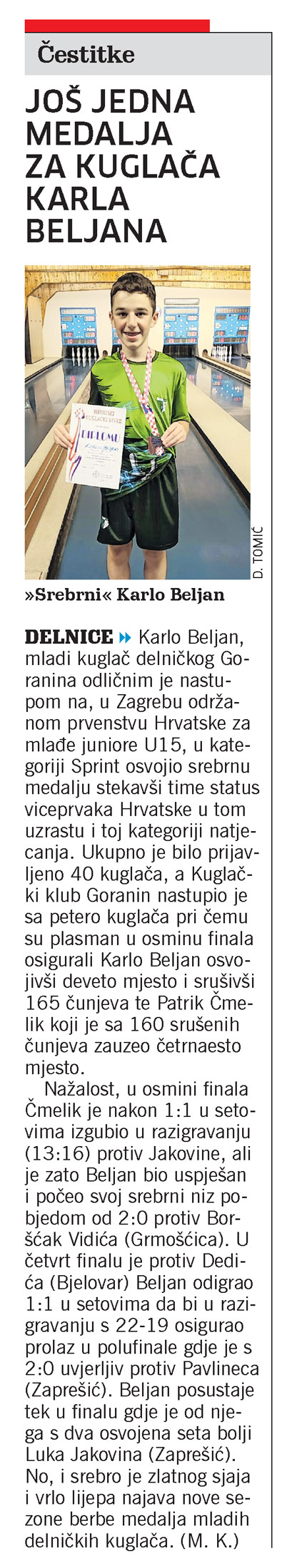 Još jedna medalja za kuglača Karla Beljana, članak, novi list
