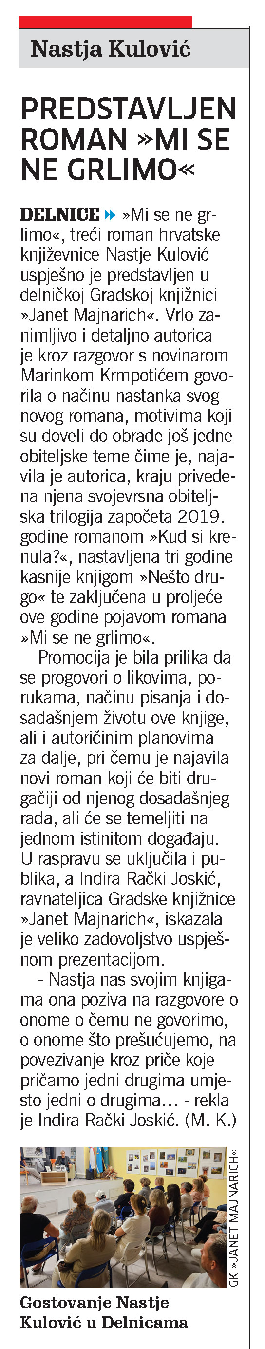 Nastja Kulović: Predstavljen roman "Mi se ne grlimo", članak, novi list