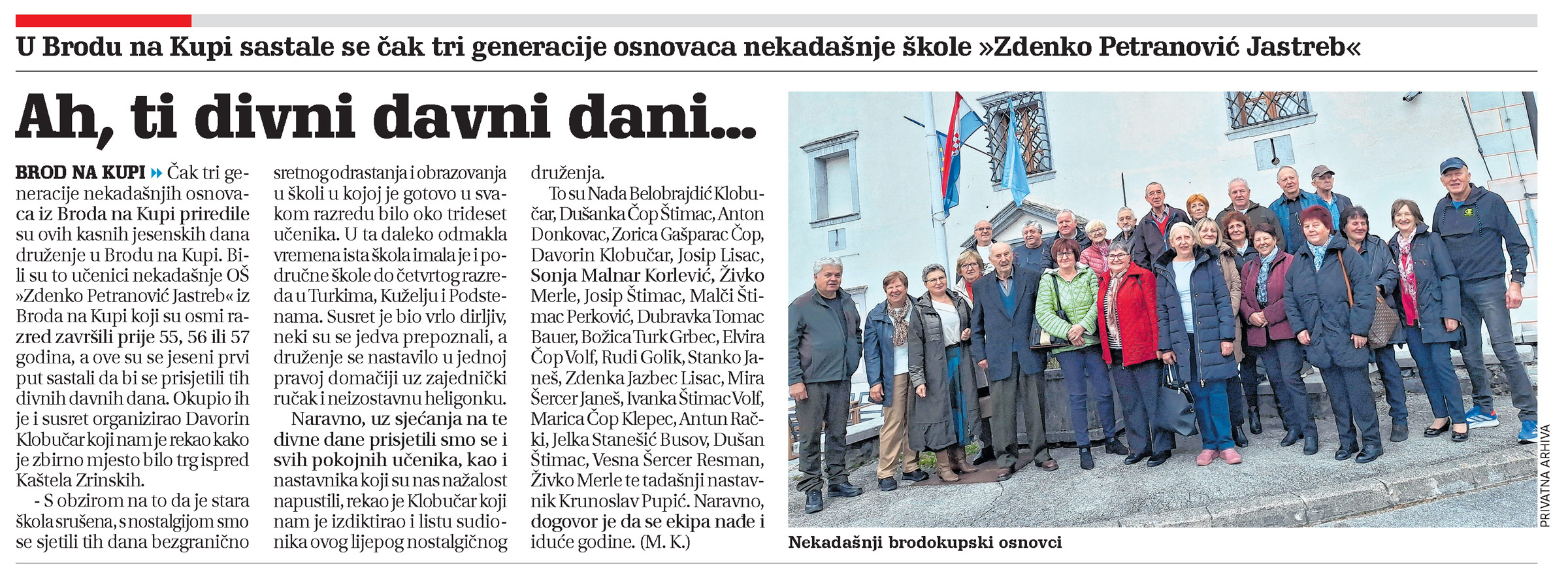 U Brodu na Kupi sastale se čak tri generacije osnovaca nekadašnje škole "Zdenko Petranović Jastreb", članka, novi list