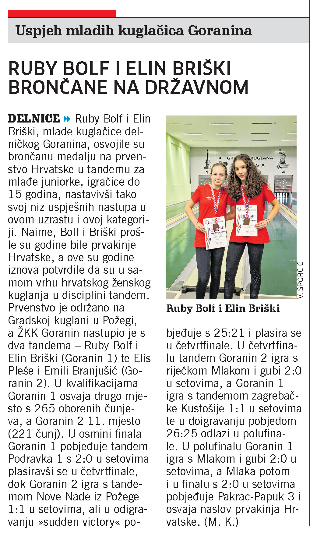 Kuglanje: Ruby Bolf i Elin Briški brončane na državnom, članak, novi list