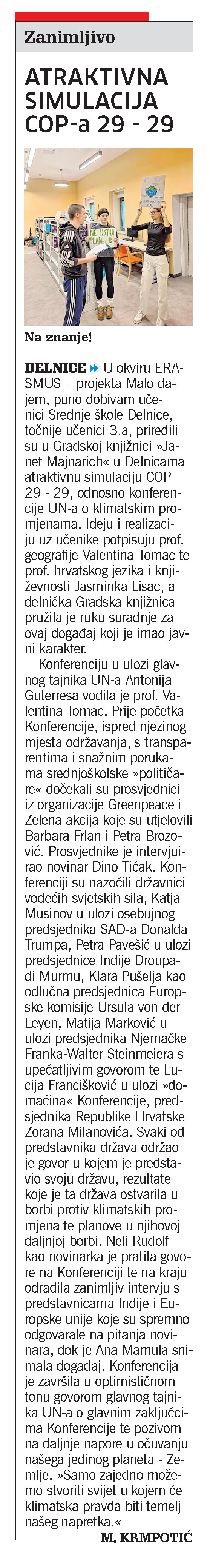 Srednja škola Delnice: Atraktivna simulacija COP-a 29-29, članak, novi list