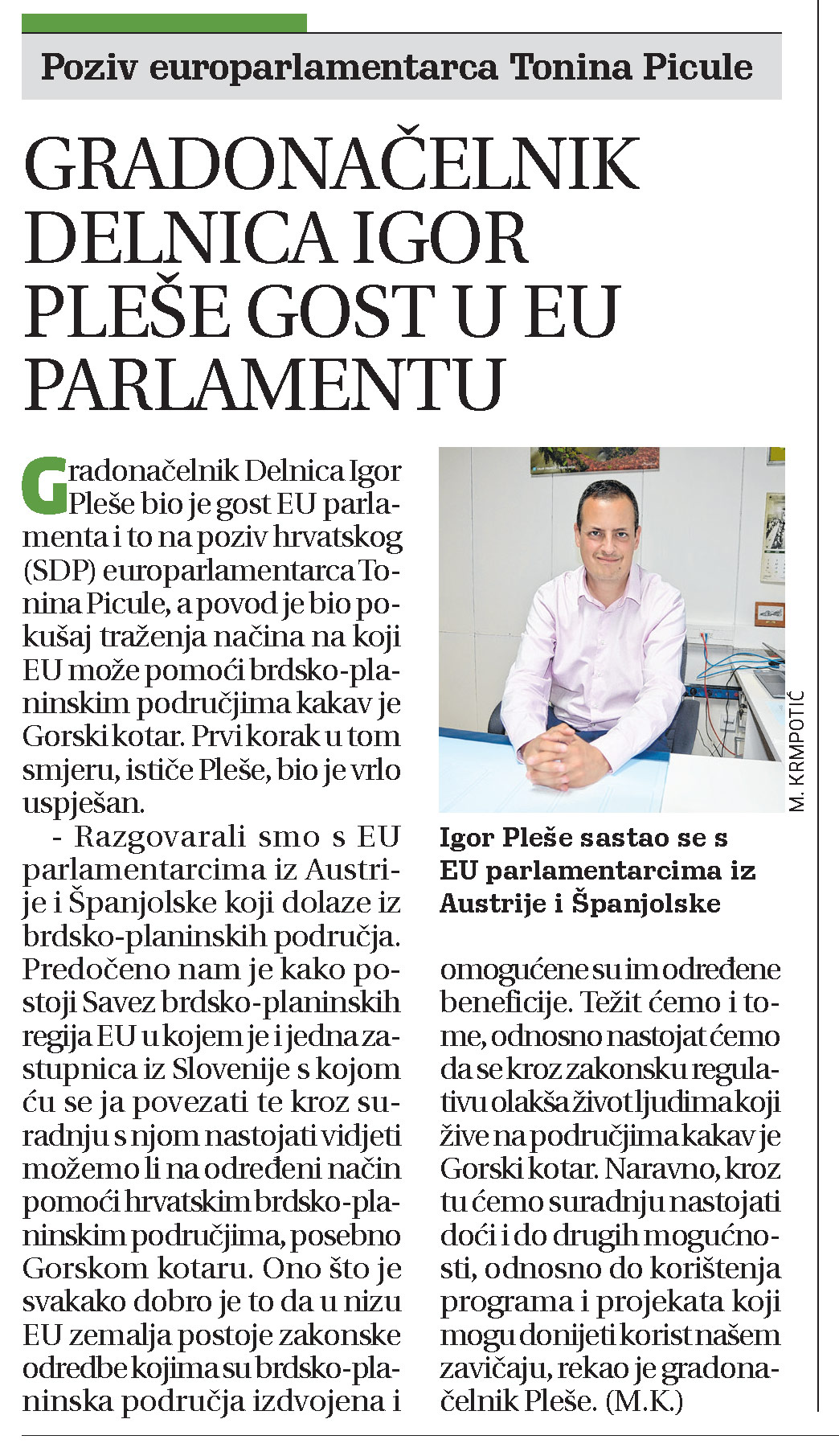 Gradonačelnik Delnica Igor Pleše gost u EU parlamentu, članak, novi list