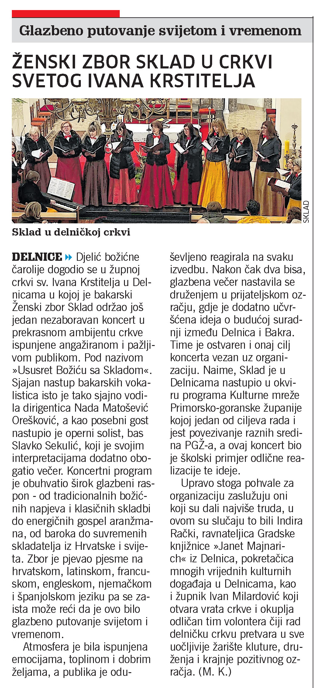 Ženski zbor Sklad u crkvi sv. Ivana Krstitelja, članak, novi list