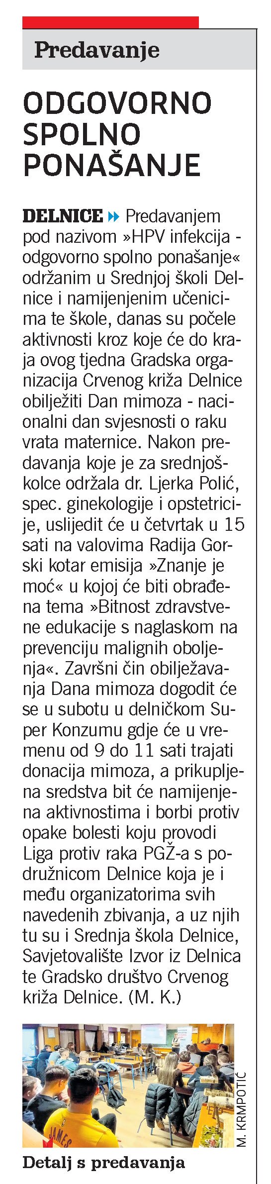 Predavanje: Odgovorno spolno ponašanje, članak, novi list