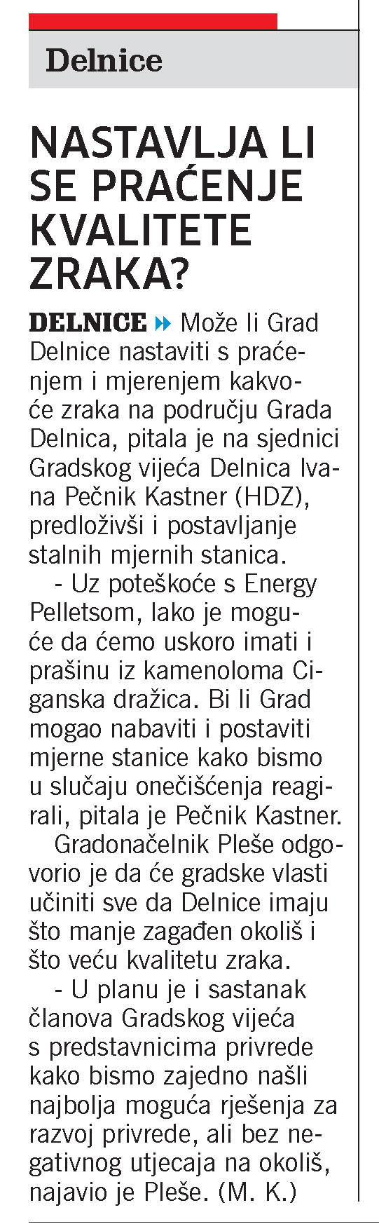 Nastavlja li se praćenje kvalitete zraka?, članak, novi list