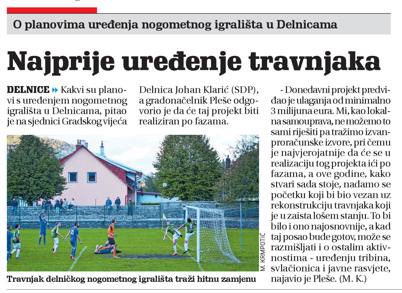 O planovima uređenja nogometnog igrališta u Delnicama, članka, novi list