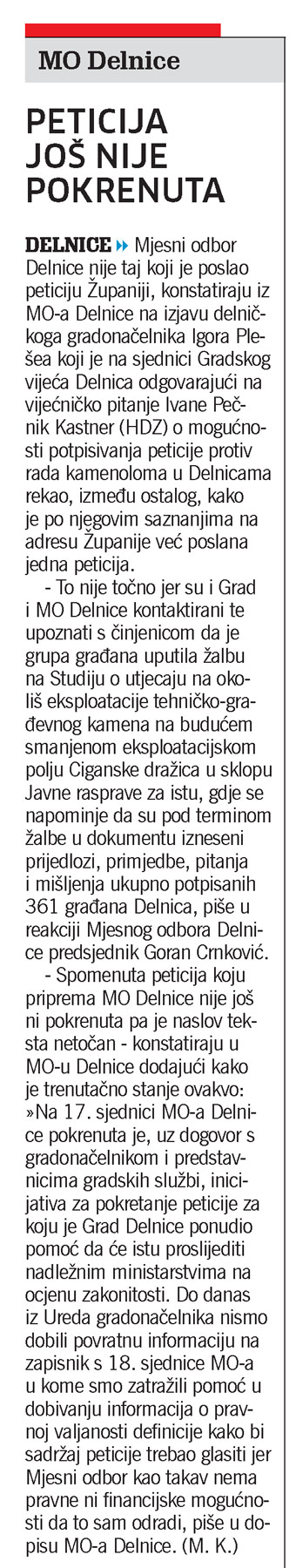 MO Delnice: Peticija još nije pokrenuta, članak, novi list