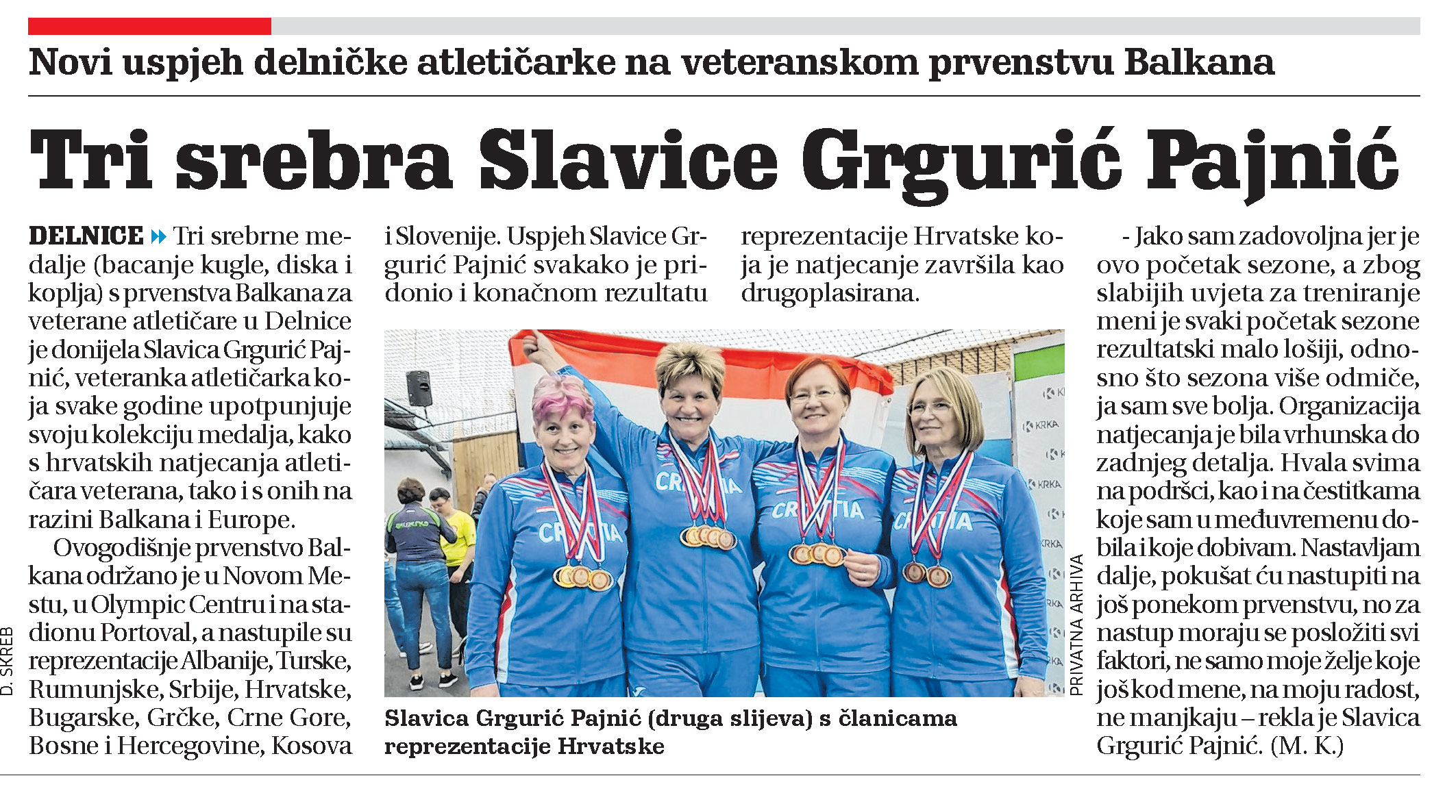 Tri srebra Slavice Grgurić Pajnić, članak, novi list